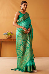 Deserving Turquoise Pure Zari Weaving Banarasi Silk Saree With Forbearance Blouse Piece