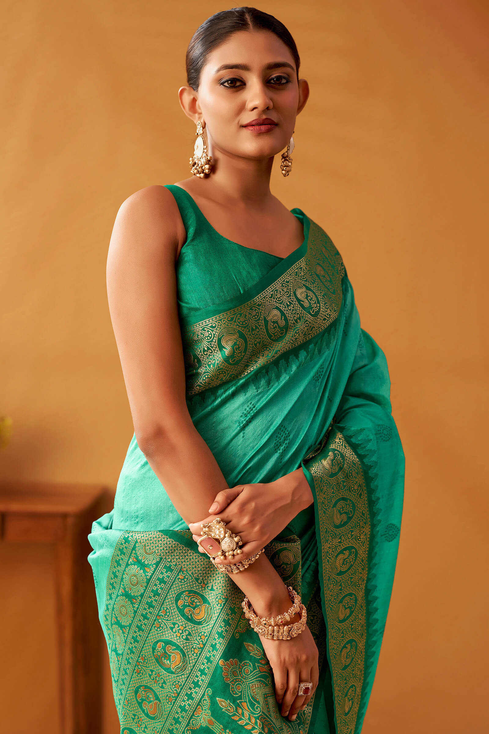 Deserving Turquoise Pure Zari Weaving Banarasi Silk Saree With Forbearance Blouse Piece