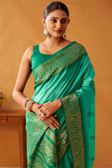 Deserving Turquoise Pure Zari Weaving Banarasi Silk Saree With Forbearance Blouse Piece