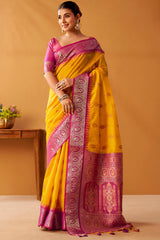 Delightful Yellow Pure Zari Weaving Banarasi Silk Saree With Preferable Blouse Piece