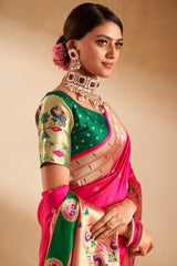 Capricious Dark Pink Paithani Silk Saree With Opulent Blouse Piece