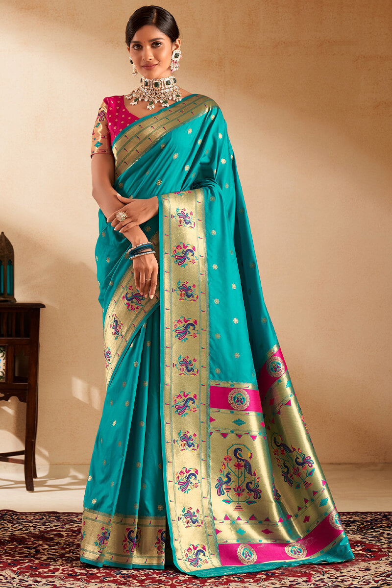 Embrocation Firozi Paithani Silk Saree With Demanding Blouse Piece