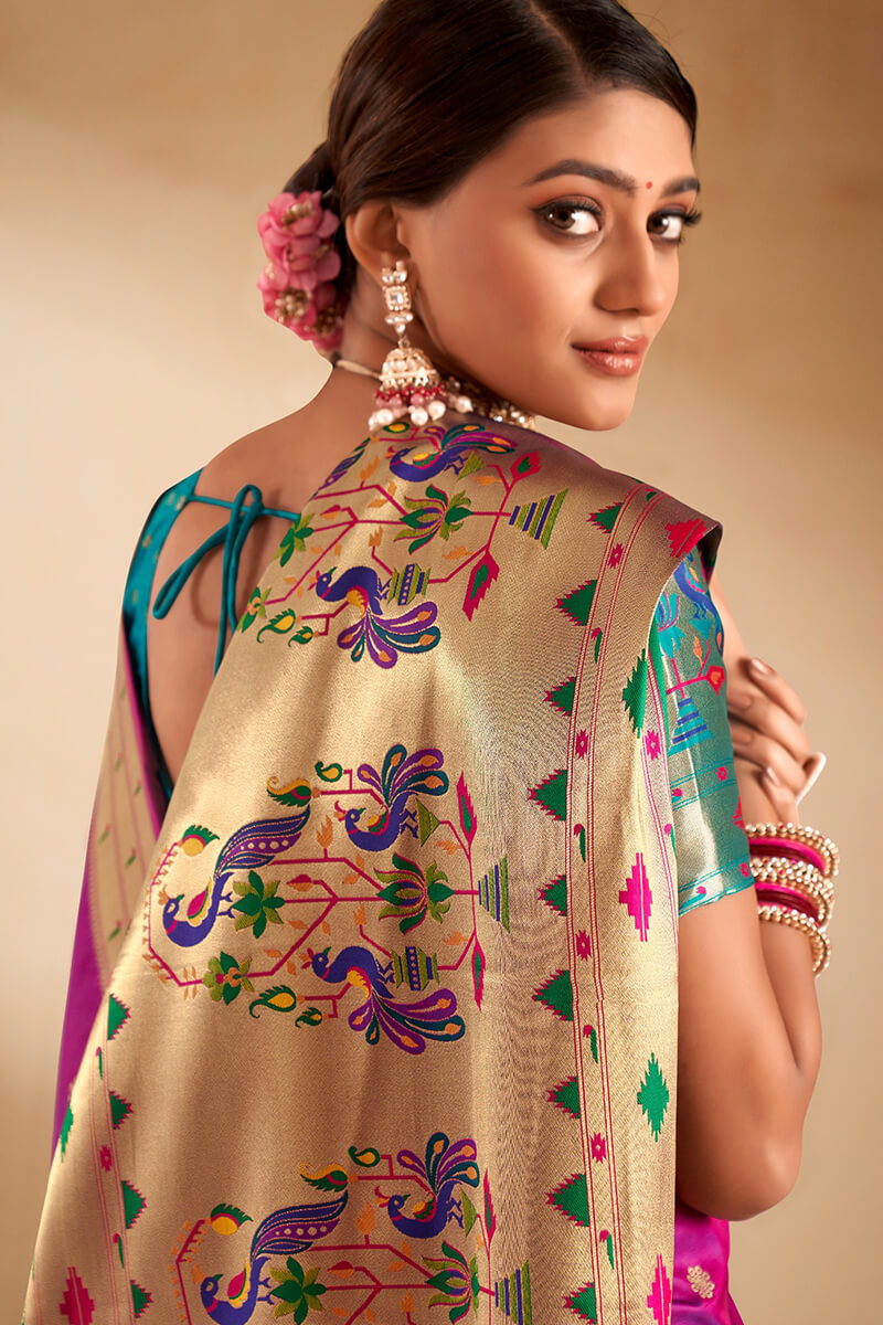 Embrocation Firozi Paithani Silk Saree With Demanding Blouse Piece