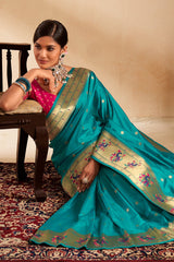 Embrocation Firozi Paithani Silk Saree With Demanding Blouse Piece