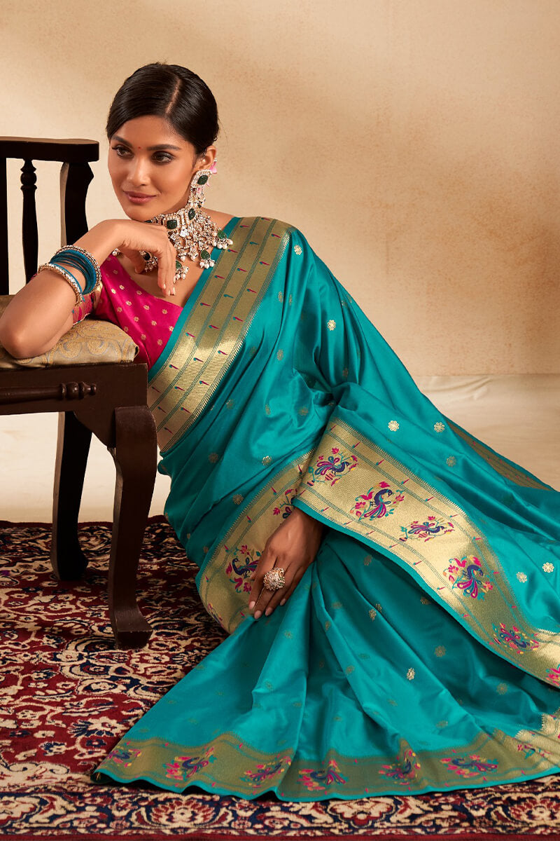 Embrocation Firozi Paithani Silk Saree With Demanding Blouse Piece