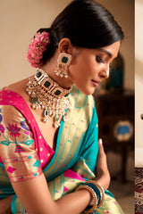 Embrocation Firozi Paithani Silk Saree With Demanding Blouse Piece