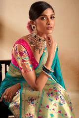 Embrocation Firozi Paithani Silk Saree With Demanding Blouse Piece