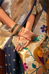 Embrocation Navy Blue Paithani Silk Saree With Fancifull Blouse Piece