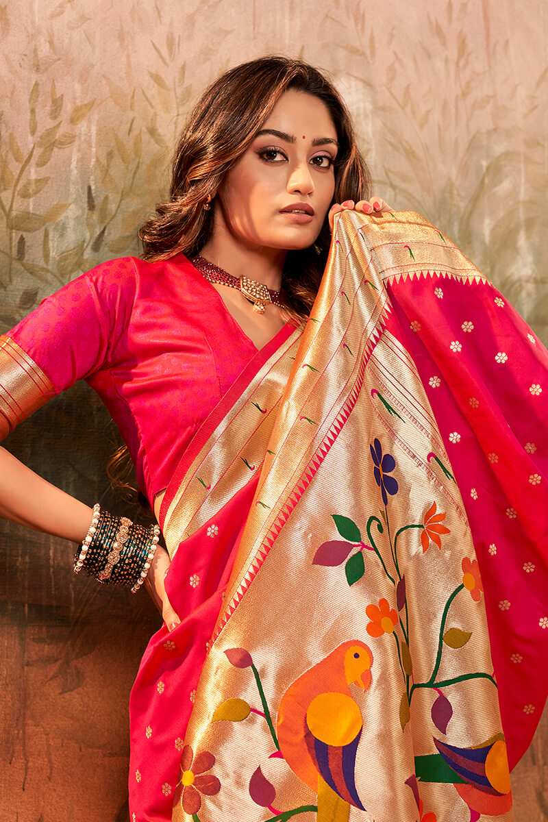 Most Stunning Dark Pink Paithani Silk Saree With Angelic Blouse Piece - Mameraa