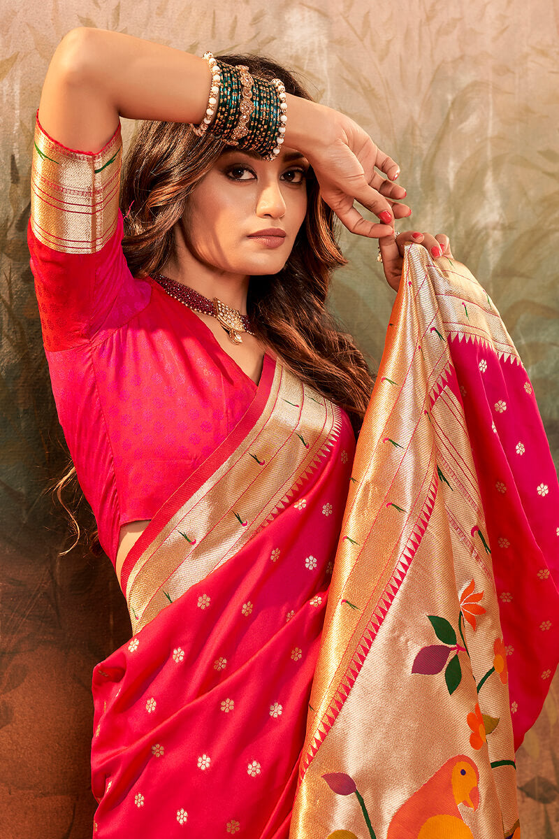 Most Stunning Dark Pink Paithani Silk Saree With Angelic Blouse Piece - Mameraa