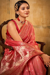Beautiful Tomato Soft Banarasi Silk Saree With Mesmerising Blouse Piece