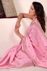 Gleaming Pink Cotton Silk Saree With Symmetrical Blouse Piece