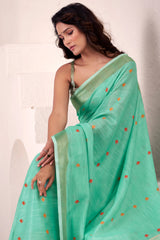 Dissemble Turquoise Cotton Silk Saree With Classy Blouse Piece
