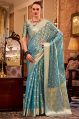 Forbearance Firozi Soft Banarasi Tissue Silk Saree With Vestigial Blouse Piece