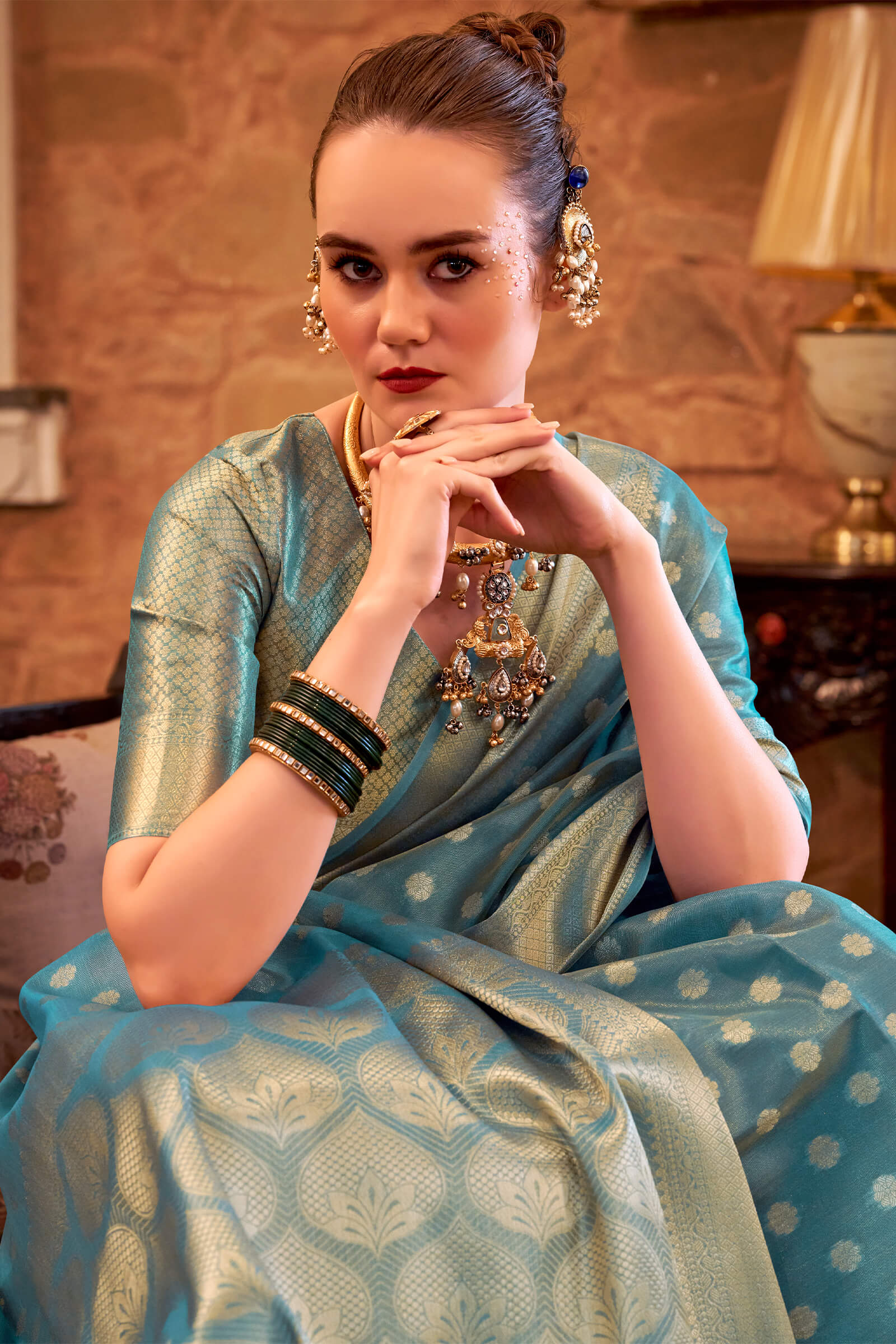 Forbearance Firozi Soft Banarasi Tissue Silk Saree With Vestigial Blouse Piece