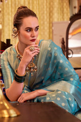 Forbearance Firozi Soft Banarasi Tissue Silk Saree With Vestigial Blouse Piece