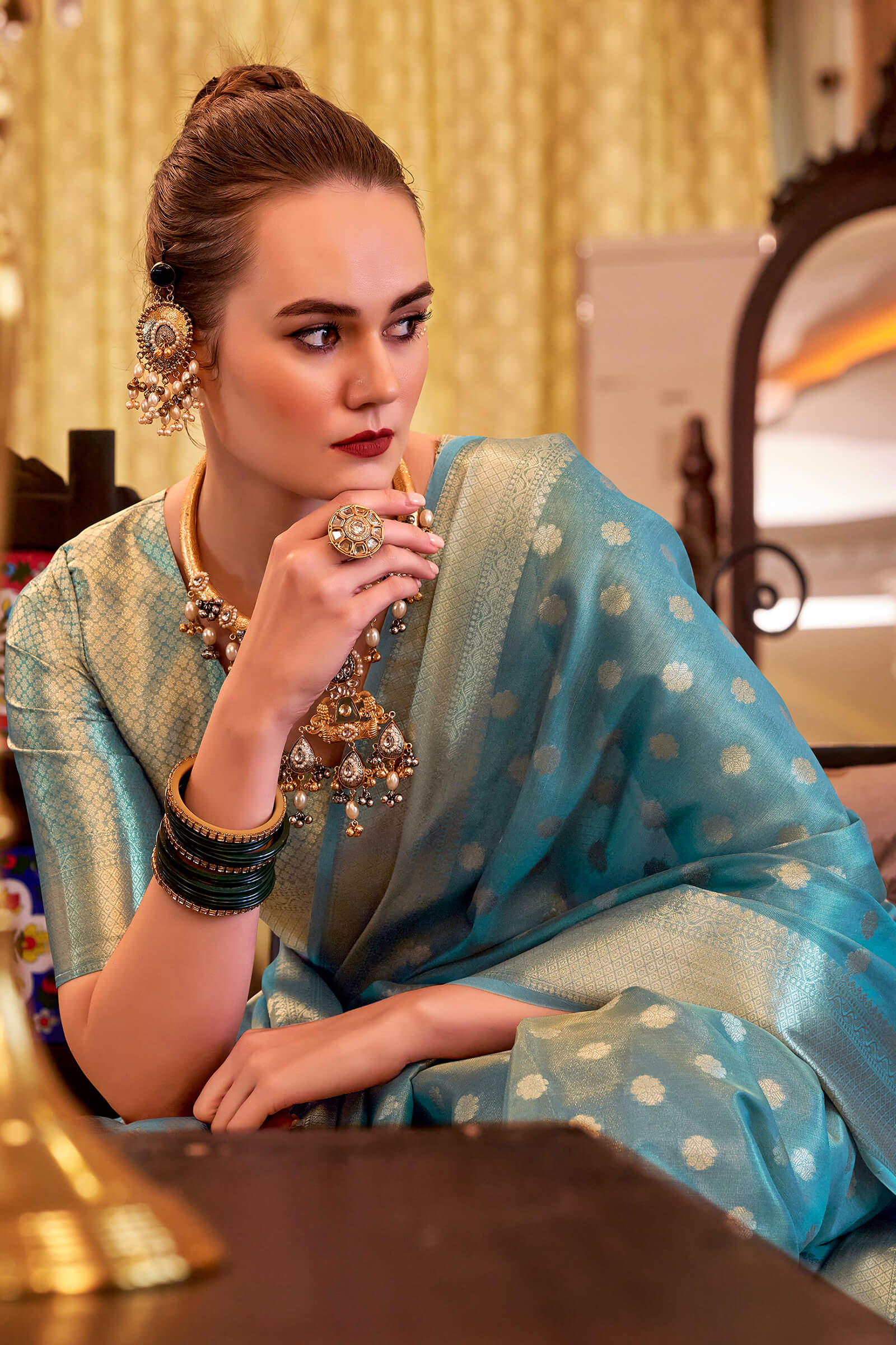 Forbearance Firozi Soft Banarasi Tissue Silk Saree With Vestigial Blouse Piece