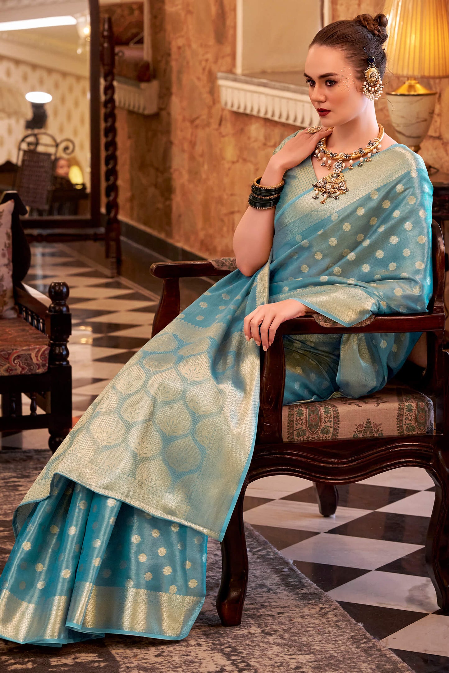 Forbearance Firozi Soft Banarasi Tissue Silk Saree With Vestigial Blouse Piece