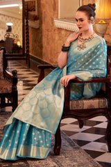 Forbearance Firozi Soft Banarasi Tissue Silk Saree With Vestigial Blouse Piece