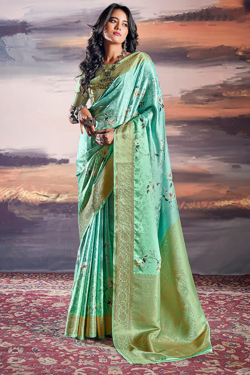 Palimpsest Sea Green Digital Printed Satin Silk Saree With Lustrous Blouse Piece