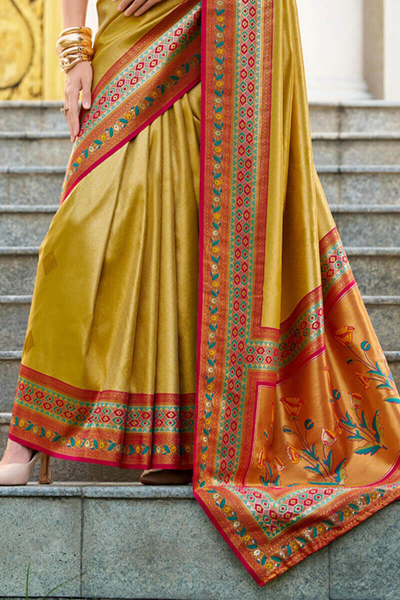 Flameboyant Yellow Paithani Silk Saree With Gossamer Blouse Piece