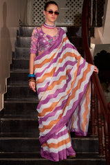 Alluring Lavender and Orange Digital Printed Cotton Silk Saree With Lissome Blouse Piece