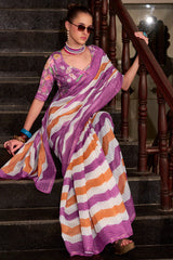 Alluring Lavender and Orange Digital Printed Cotton Silk Saree With Lissome Blouse Piece