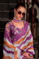 Alluring Lavender and Orange Digital Printed Cotton Silk Saree With Lissome Blouse Piece