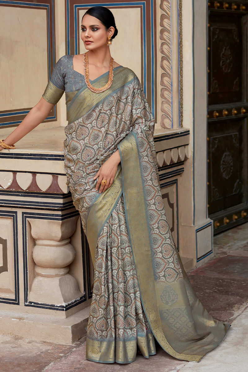 Enchanting Grey Digital Printed Soft Silk Saree With Alluring Blouse Piece - Mameraa