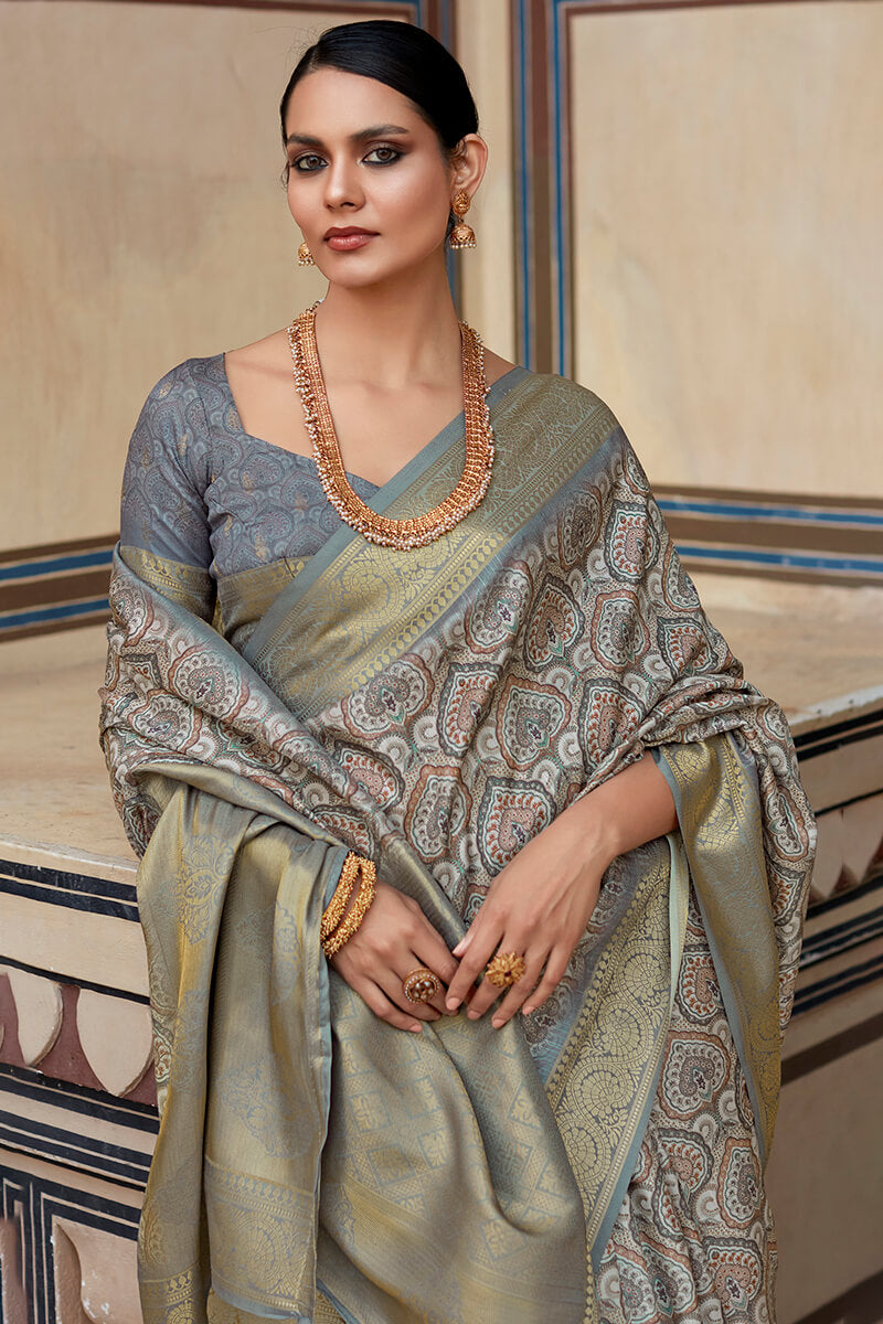 Enchanting Grey Digital Printed Soft Silk Saree With Alluring Blouse Piece - Mameraa