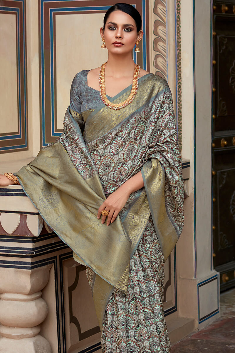 Enchanting Grey Digital Printed Soft Silk Saree With Alluring Blouse Piece - Mameraa