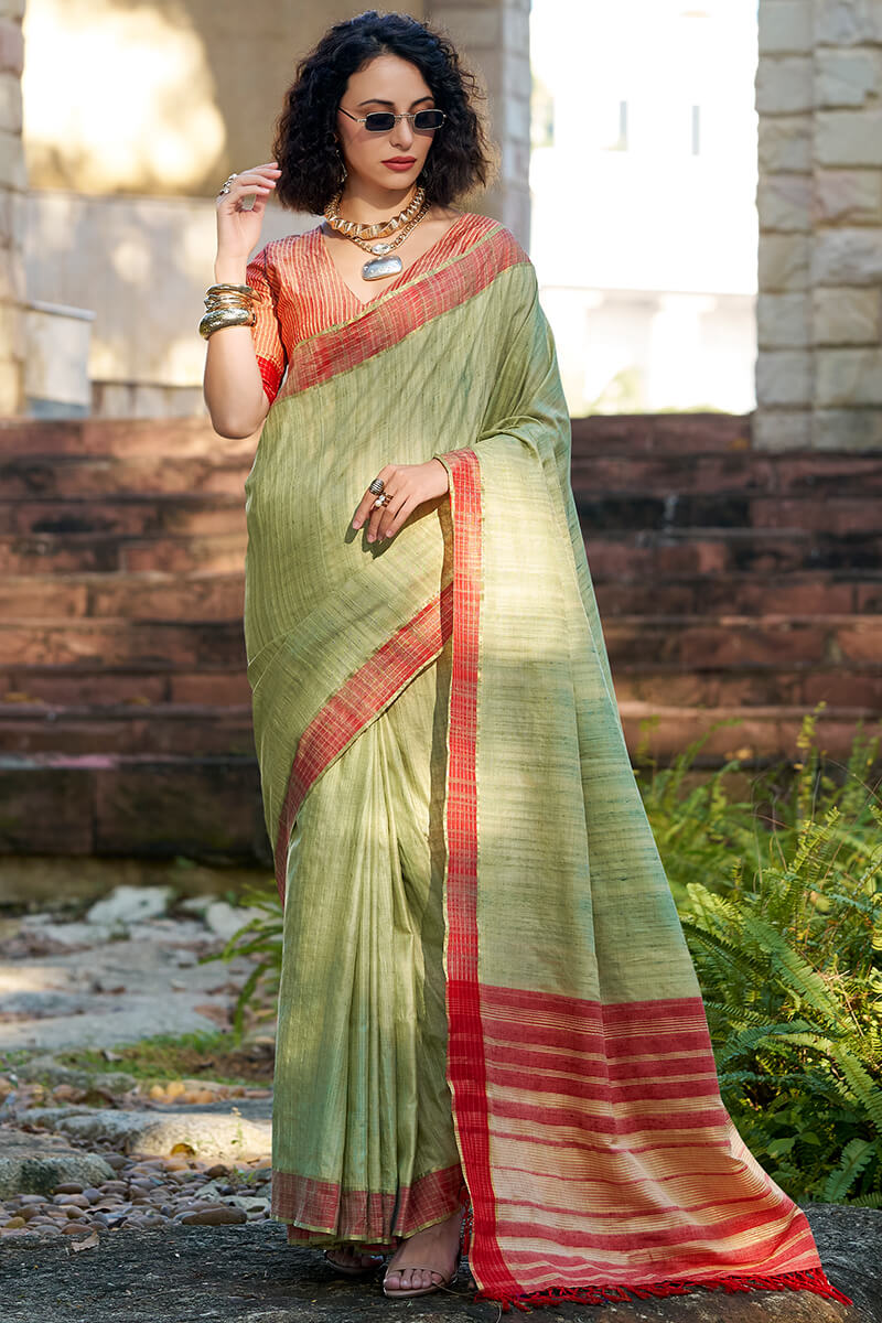 Arresting Pista Cotton Silk Saree With Prominent Blouse Piece