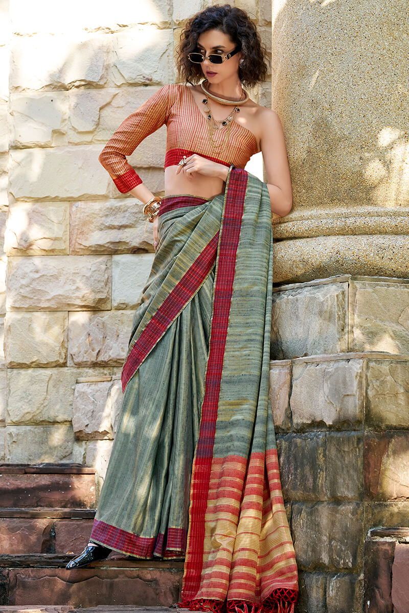 Lagniappe Dark Green Cotton Silk Saree With Vestigial Blouse Piece