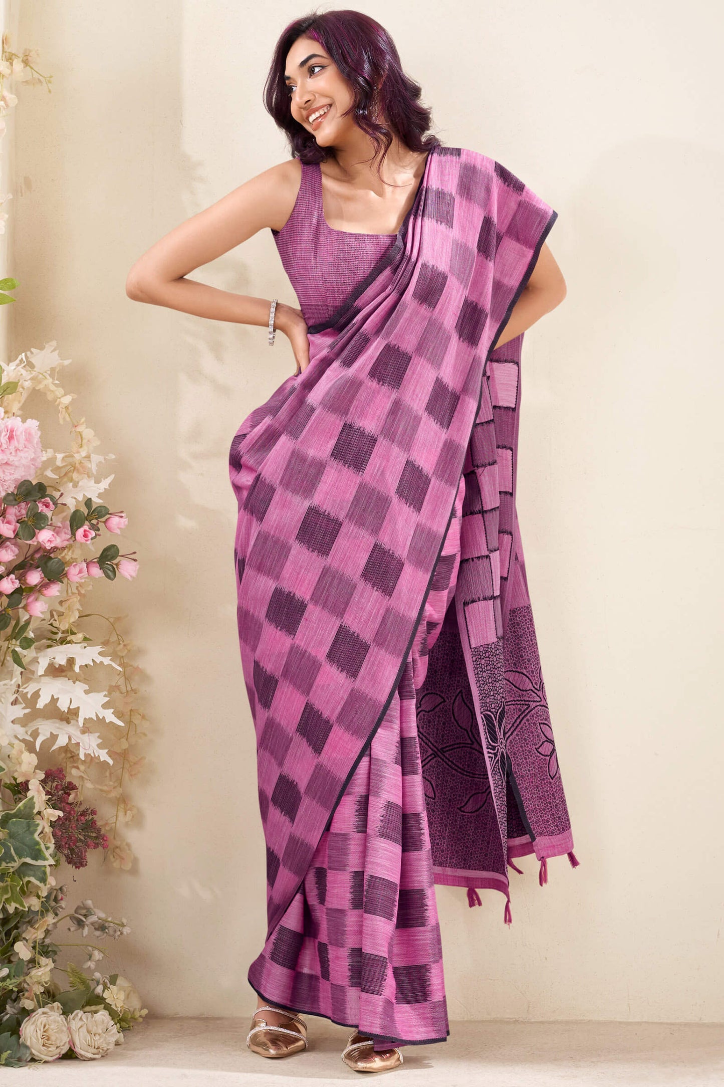 Enigmatic Dark Pink Cotton Silk Saree With Smashing Blouse Piece