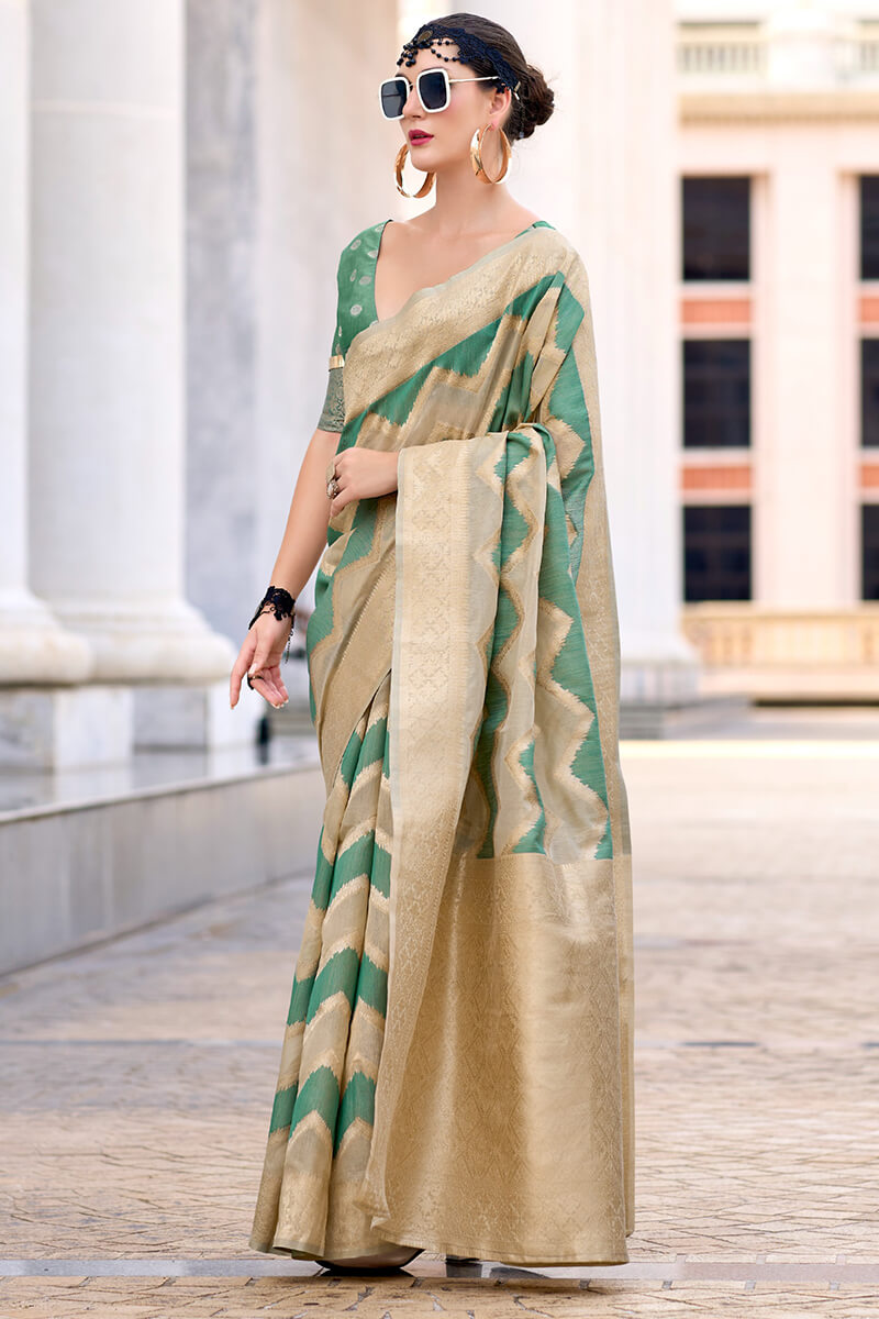 Evanescent Beige and Green Cotton Silk Saree With Lassitude Blouse Piece