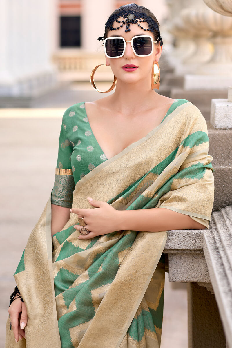 Evanescent Beige and Green Cotton Silk Saree With Lassitude Blouse Piece