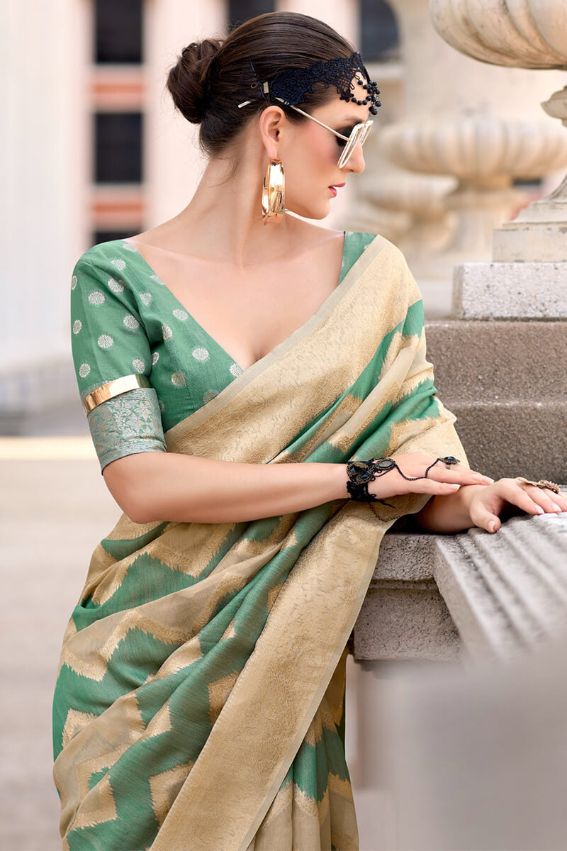Evanescent Beige and Green Cotton Silk Saree With Lassitude Blouse Piece