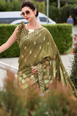 Evanescent Mehndi Printed Mul Cotton Saree With Serendipity Blouse Piece