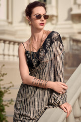 Jazzy Beige and Black Printed Mul Cotton Saree With Adorable Blouse Piece