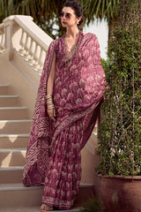 Quixotic Wine Printed Mul Cotton Saree With Embellished Blouse Piece