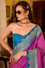 Nebula Magenta Pure Zari Weaving Banarasi Silk Saree With Classy Blouse Piece