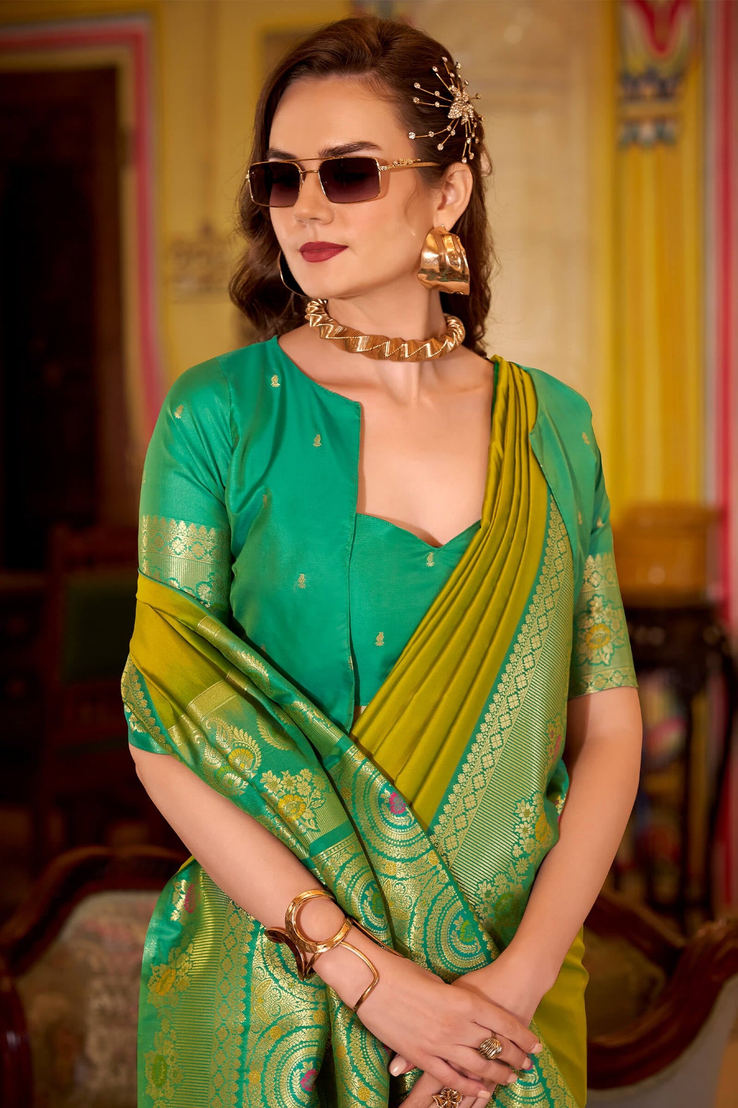 Delectable Mustard Pure Zari Weaving Banarasi Silk Saree With Desuetude Blouse Piece