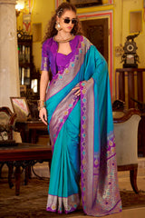 Bewitching Firozi Pure Zari Weaving Banarasi Silk Saree With Blooming Blouse Piece