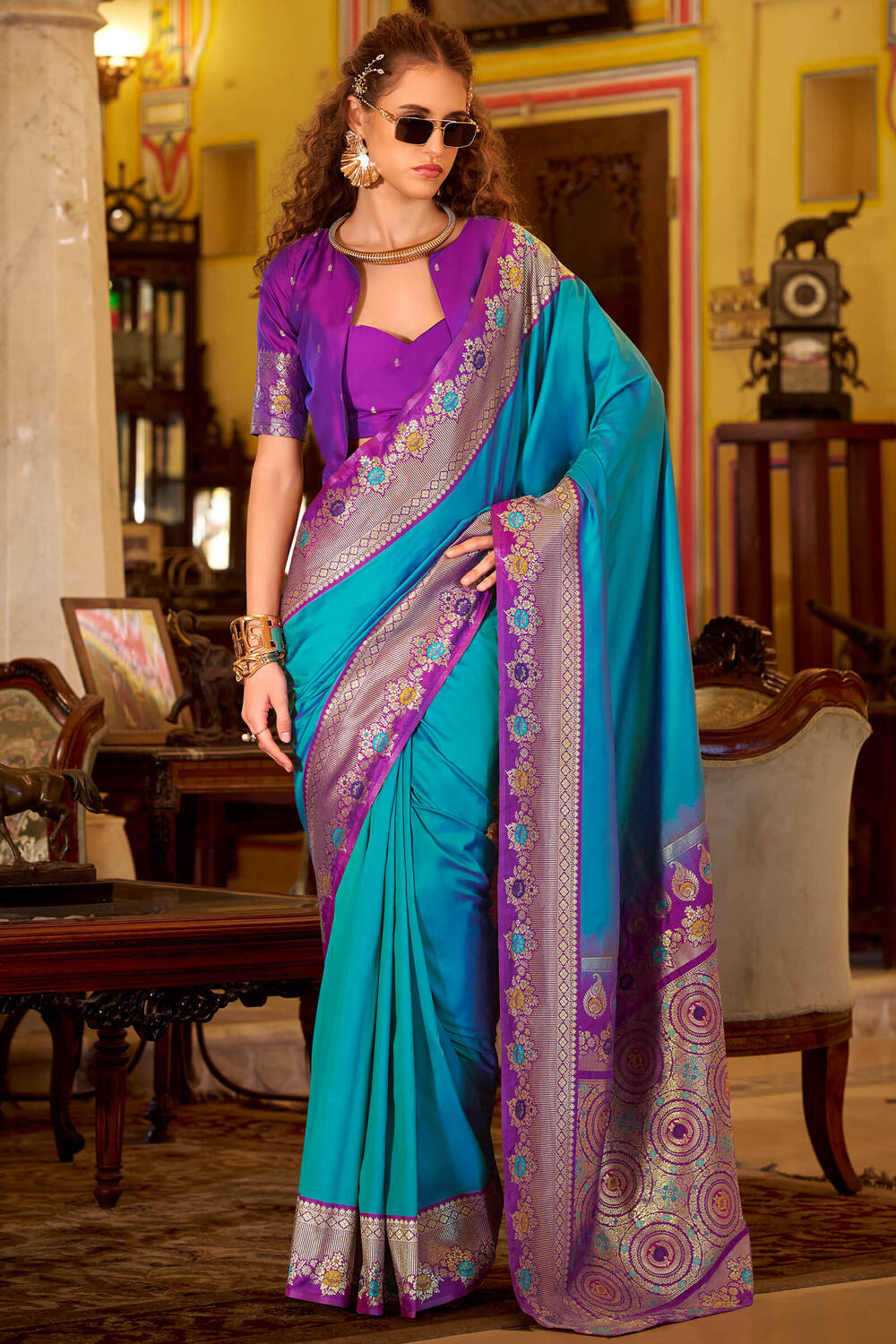 Bewitching Firozi Pure Zari Weaving Banarasi Silk Saree With Blooming Blouse Piece