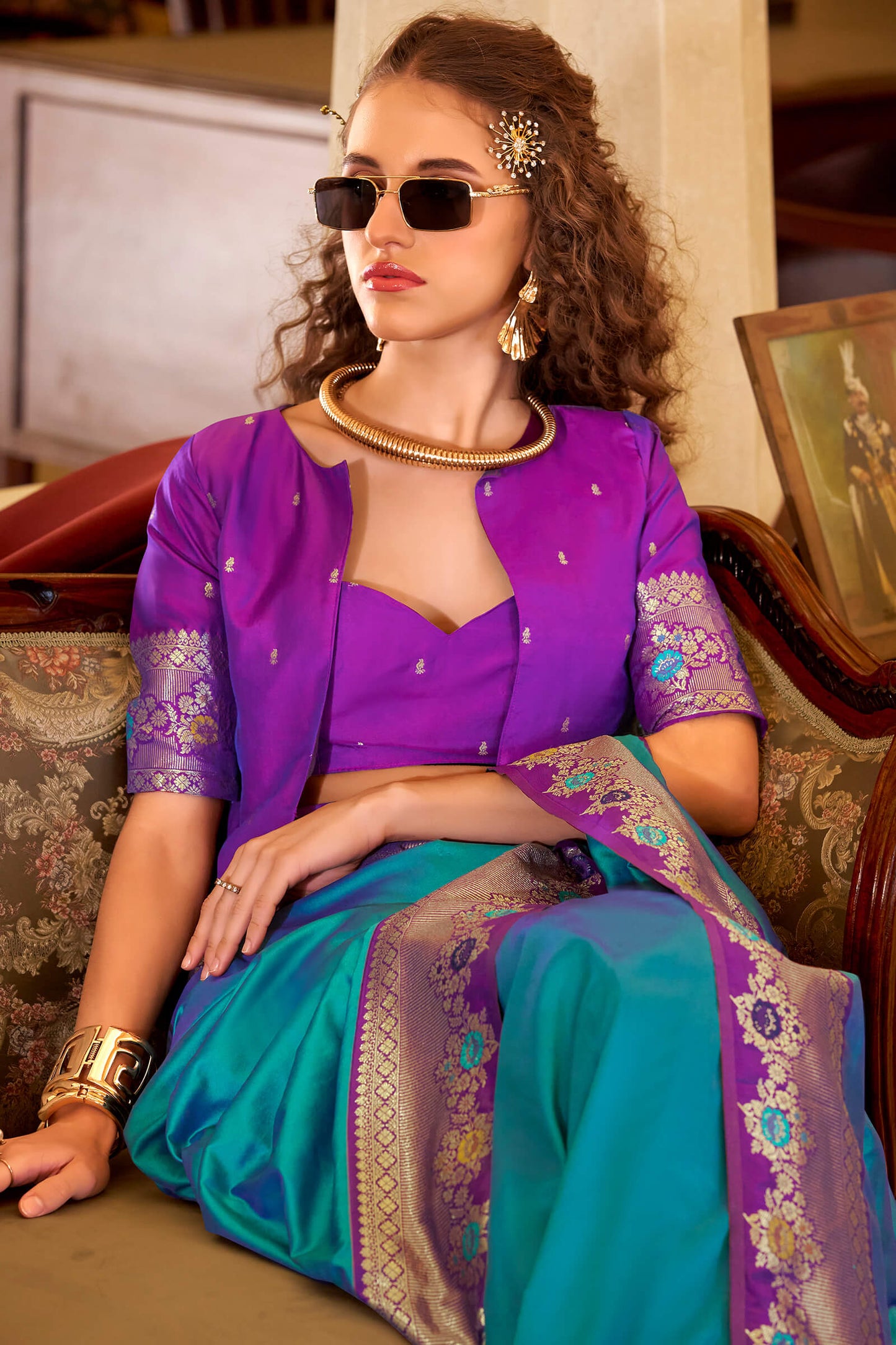 Bewitching Firozi Pure Zari Weaving Banarasi Silk Saree With Blooming Blouse Piece