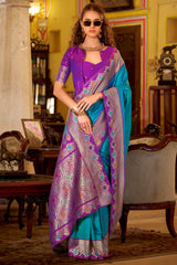 Bewitching Firozi Pure Zari Weaving Banarasi Silk Saree With Blooming Blouse Piece