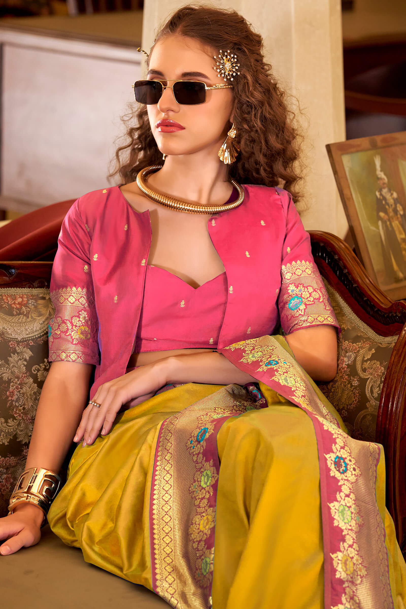 Fantabulous Yellow Pure Zari Weaving Banarasi Silk Saree With Lissome Blouse Piece