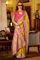 Fantabulous Yellow Pure Zari Weaving Banarasi Silk Saree With Lissome Blouse Piece