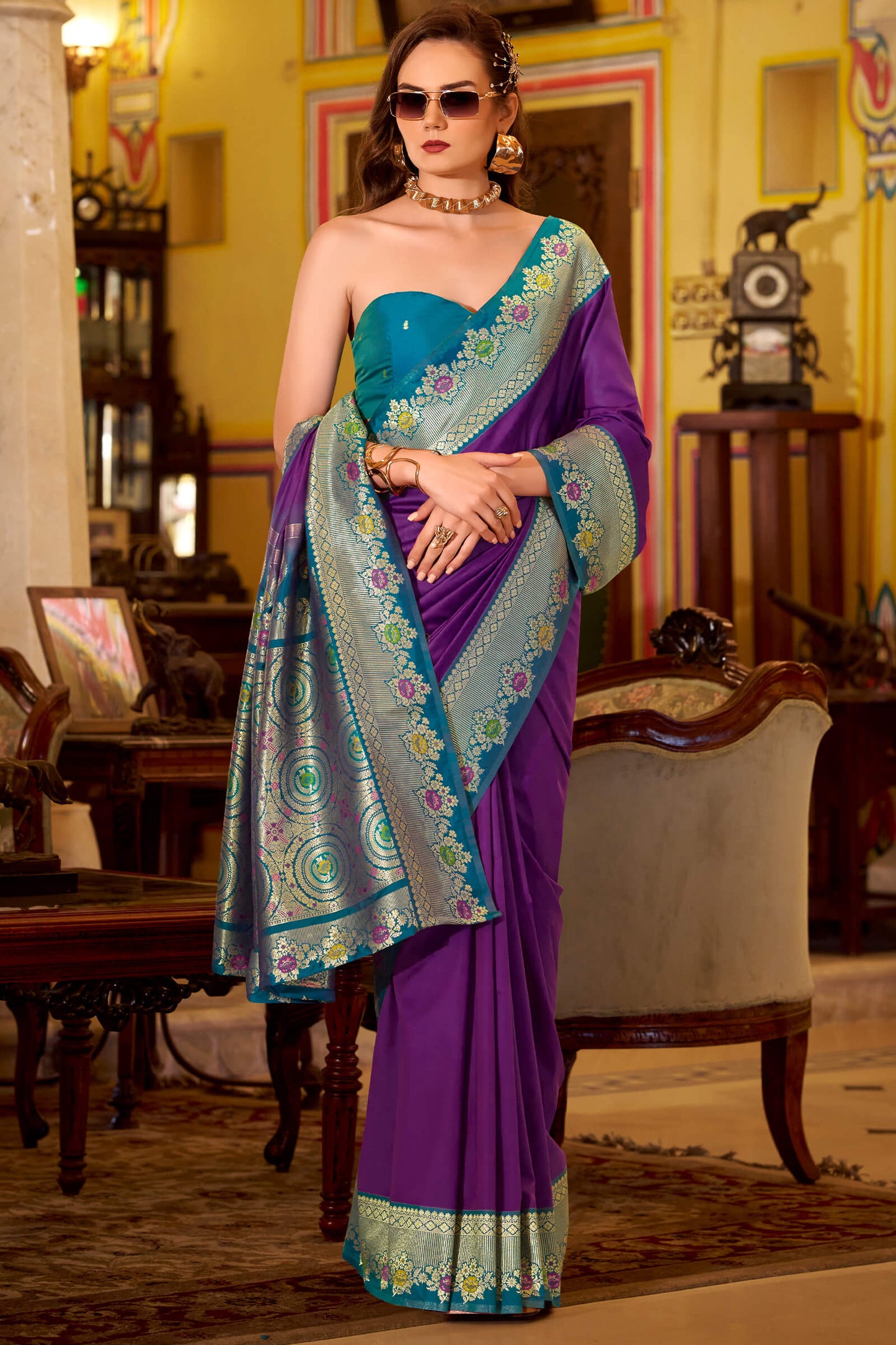 Palimpsest Purple Pure Zari Weaving Banarasi Silk Saree With Designer Blouse Piece