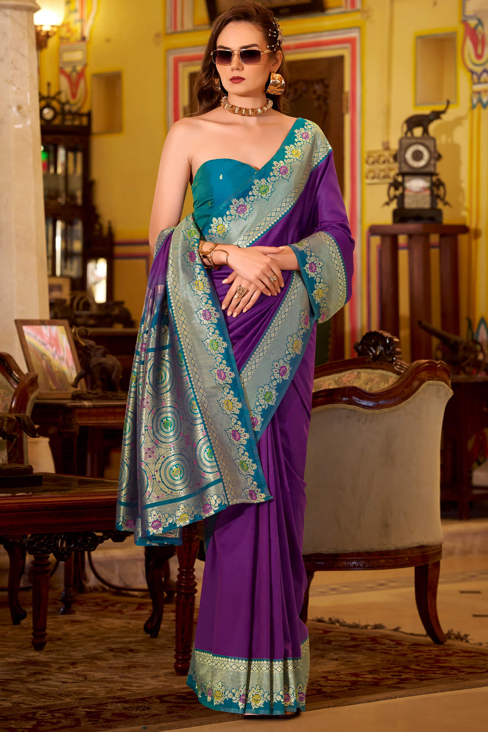 Palimpsest Purple Pure Zari Weaving Banarasi Silk Saree With Designer Blouse Piece
